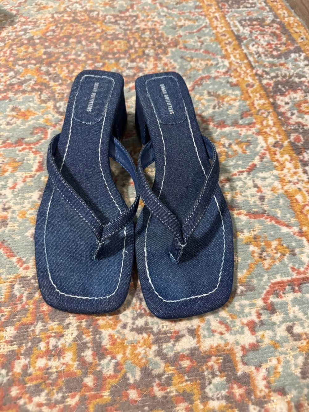 Urban Outfitters Denim Blue Square-Toe Wedge Flip Sandals